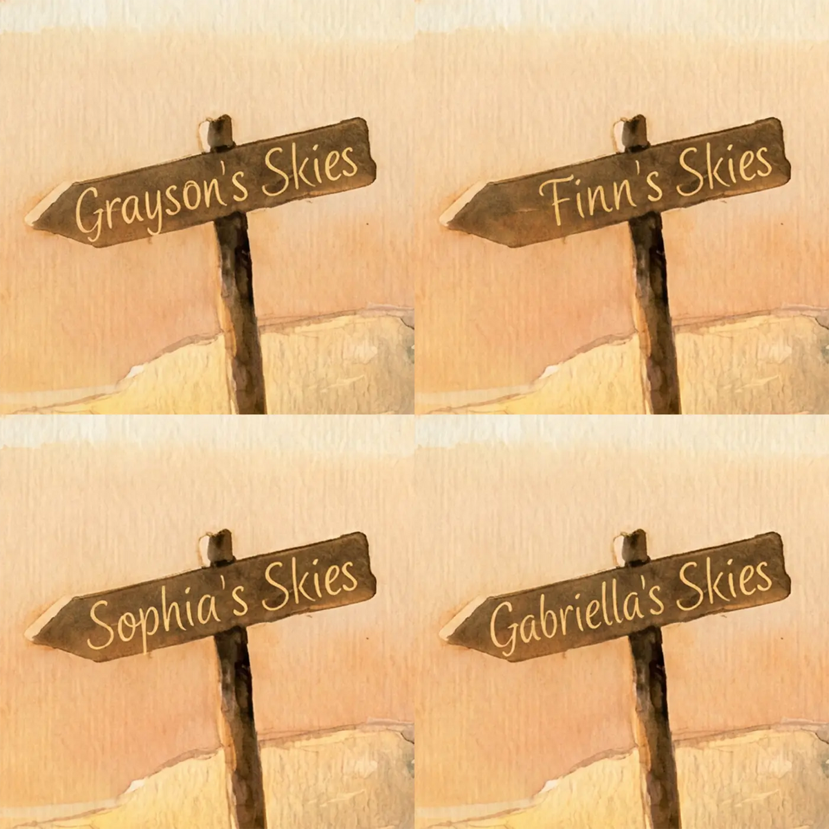 Four name preview examples of Dreamy Sunset Sky Personalized Wall Mural by Whimsy Tots