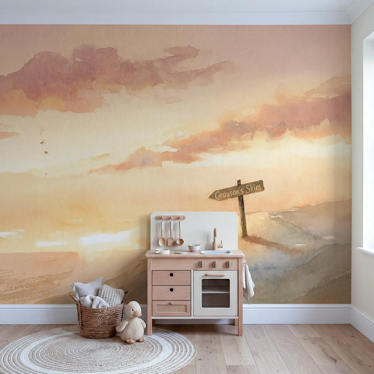 Dreamy Sunset Sky Personalized Wall Mural in playroom setting by Whimsy Tots