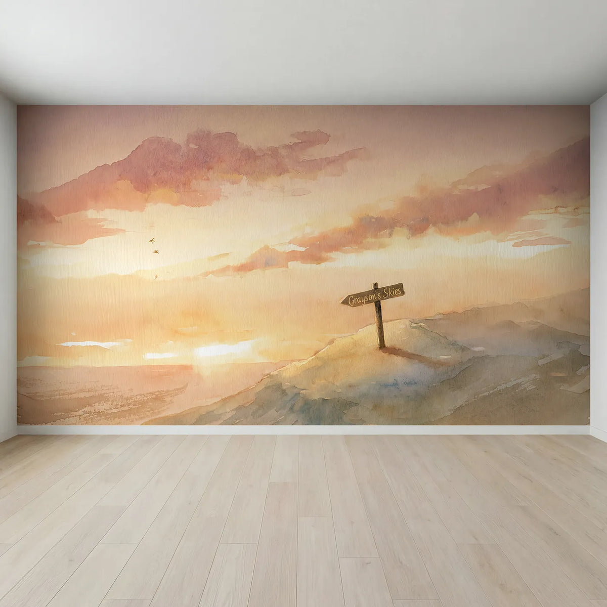 Full view of Dreamy Sunset Sky Personalized Wall Mural by Whimsy Tots