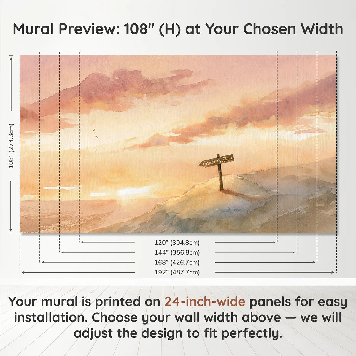 Panel layout and dimensions for Dreamy Sunset Sky Personalized Wall Mural by Whimsy Tots