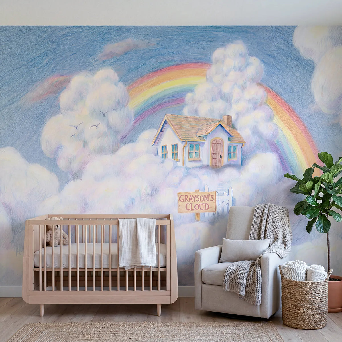 Colored Pencil cloud cottage personalized wall mural with name for a kids room by Whimsy Tots