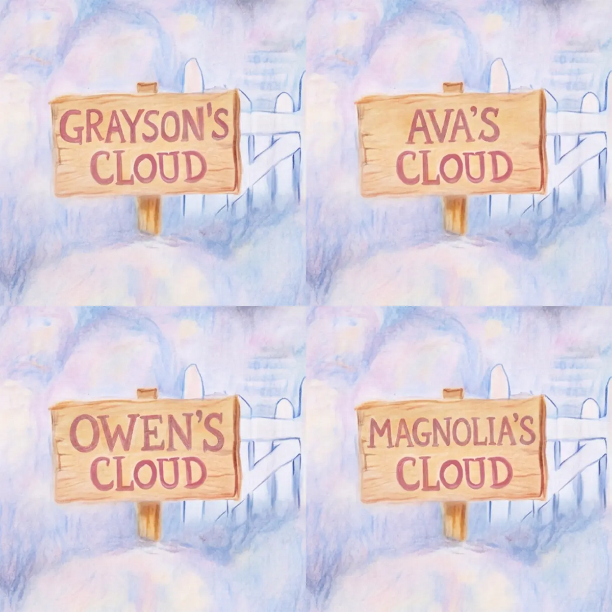 Four name preview examples of Cozy Cloud Cottage Personalized Wall Mural by Whimsy Tots