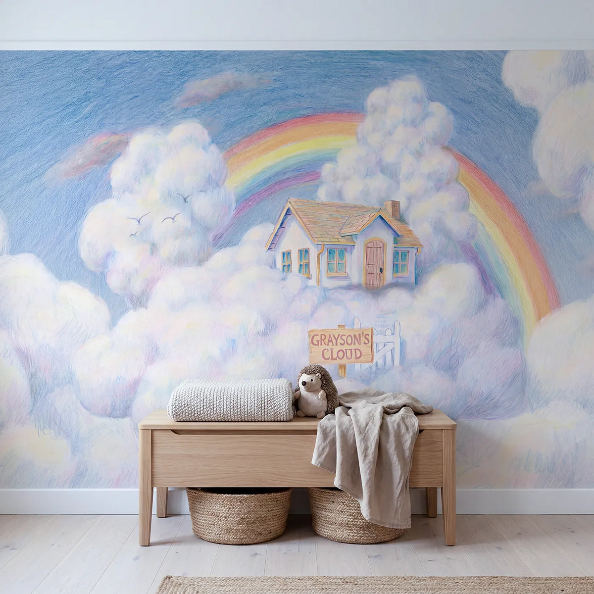 Cozy Cloud Cottage Personalized Wall Mural in playroom setting by Whimsy Tots