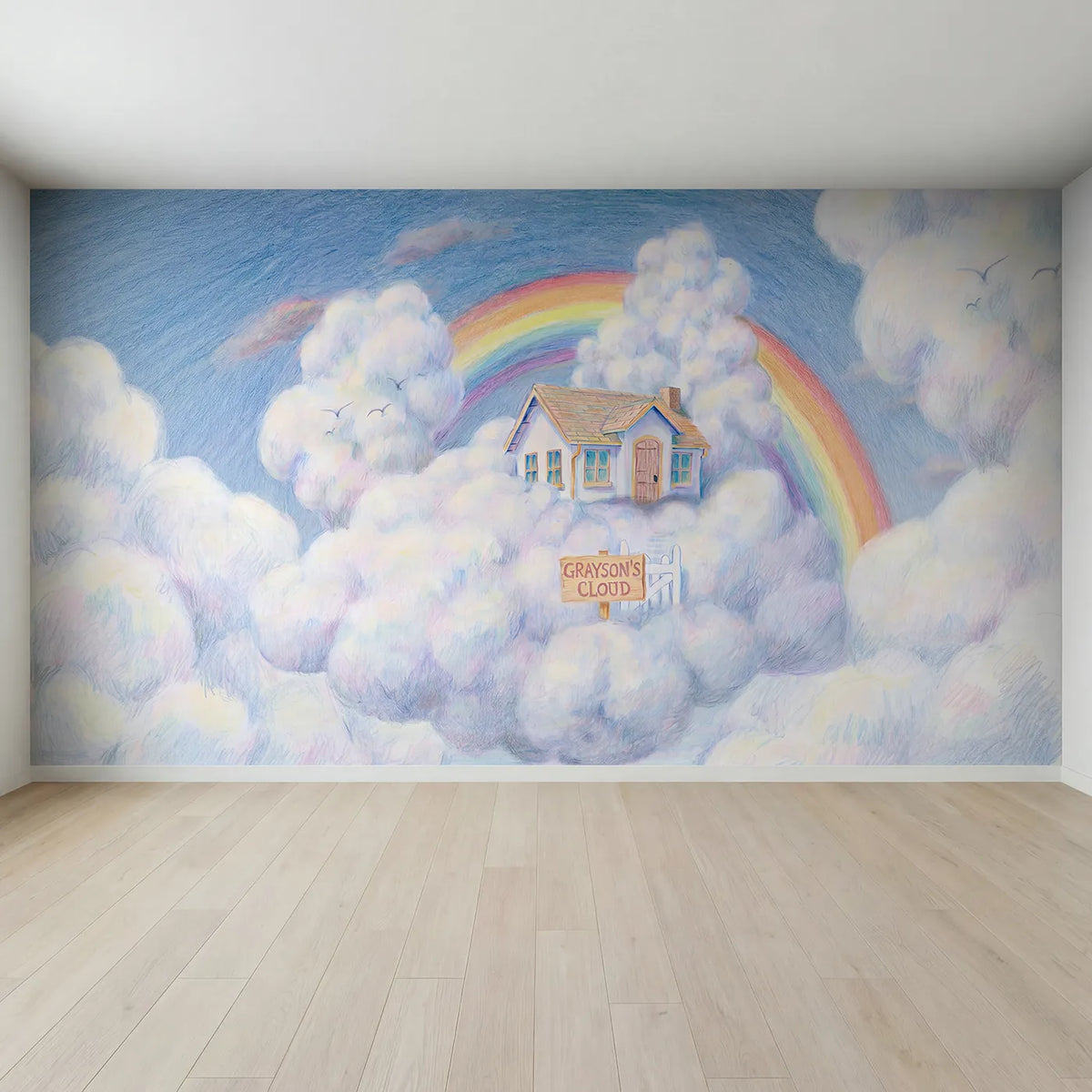 Full view of Cozy Cloud Cottage Personalized Wall Mural by Whimsy Tots