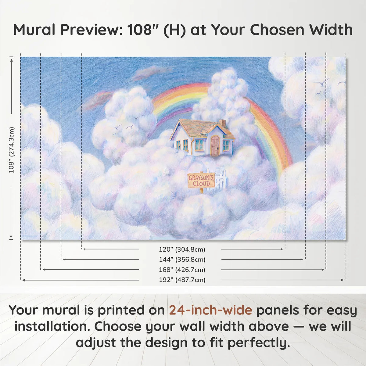 Panel layout and dimensions for Cozy Cloud Cottage Personalized Wall Mural by Whimsy Tots