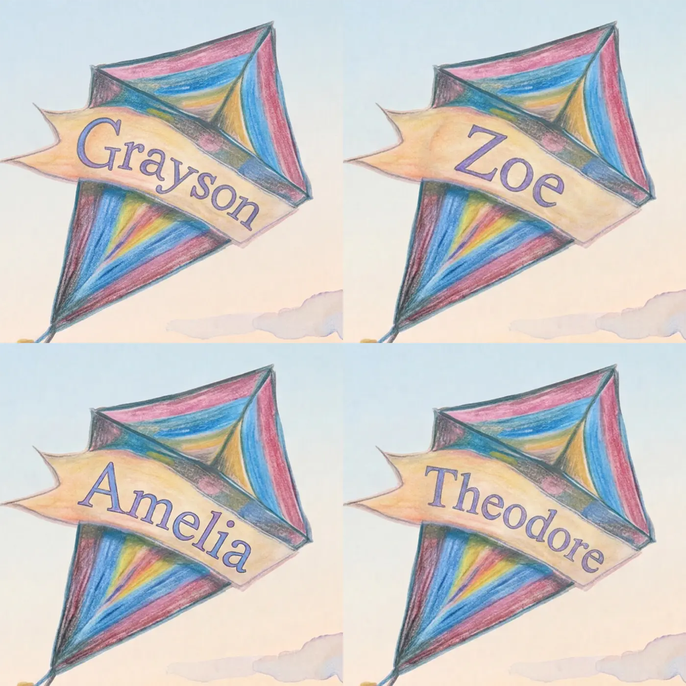 Four name preview examples of Soft Sky Kite Personalized Wall Mural by Whimsy Tots