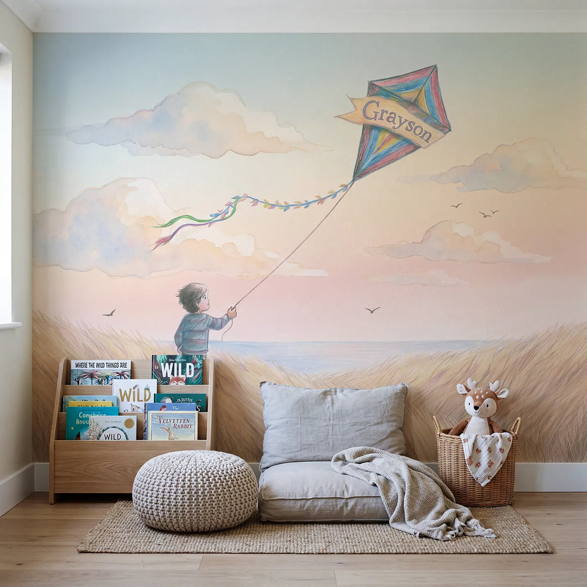 Soft Sky Kite Personalized Wall Mural in playroom setting by Whimsy Tots