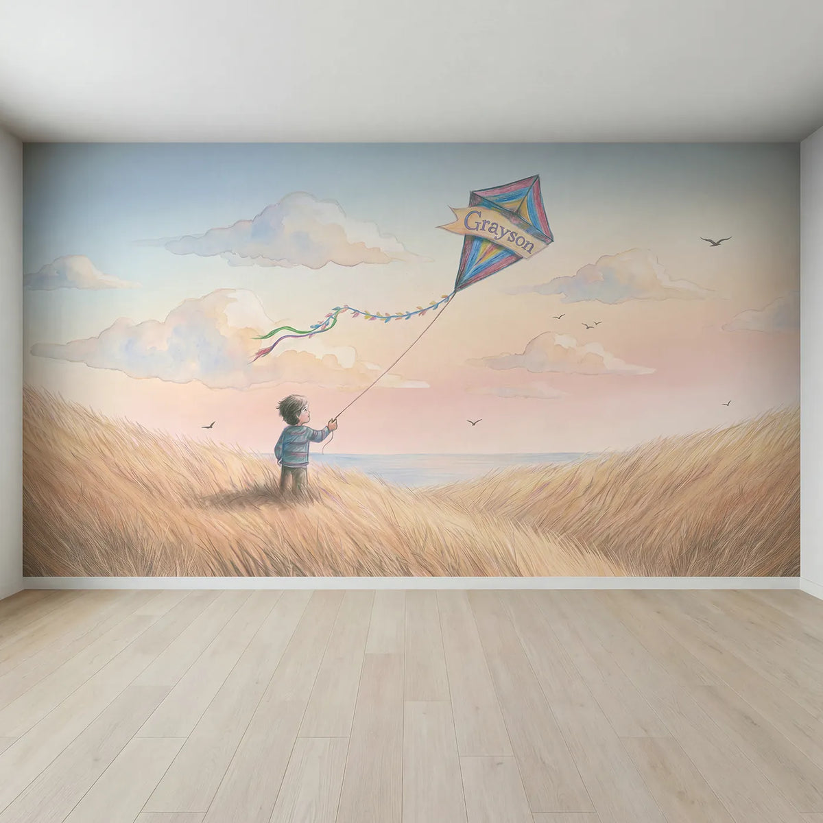 Full view of Soft Sky Kite Personalized Wall Mural by Whimsy Tots