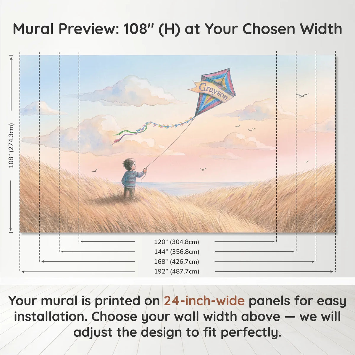 Panel layout and dimensions for Soft Sky Kite Personalized Wall Mural by Whimsy Tots