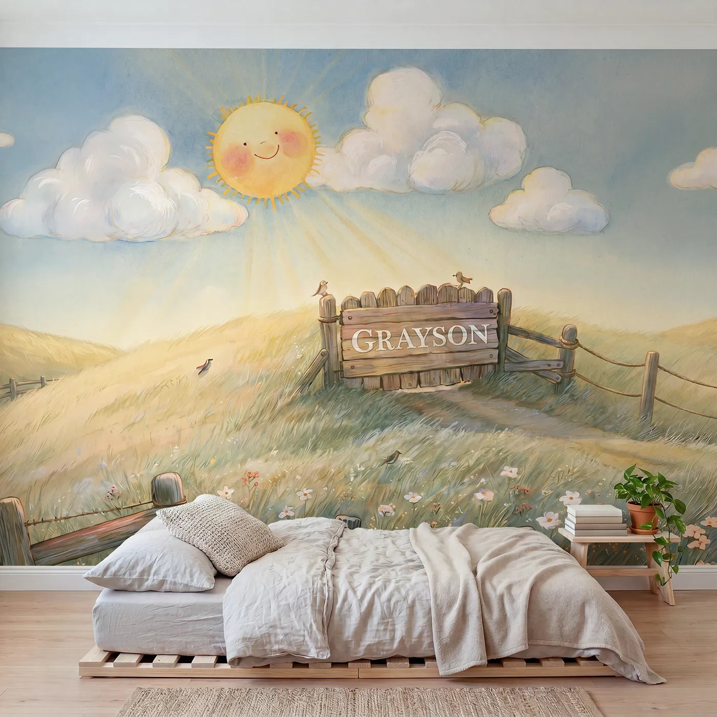 Storybook smiling sun personalized wall mural with name on a gate sign for a nursery by Whimsy Tots