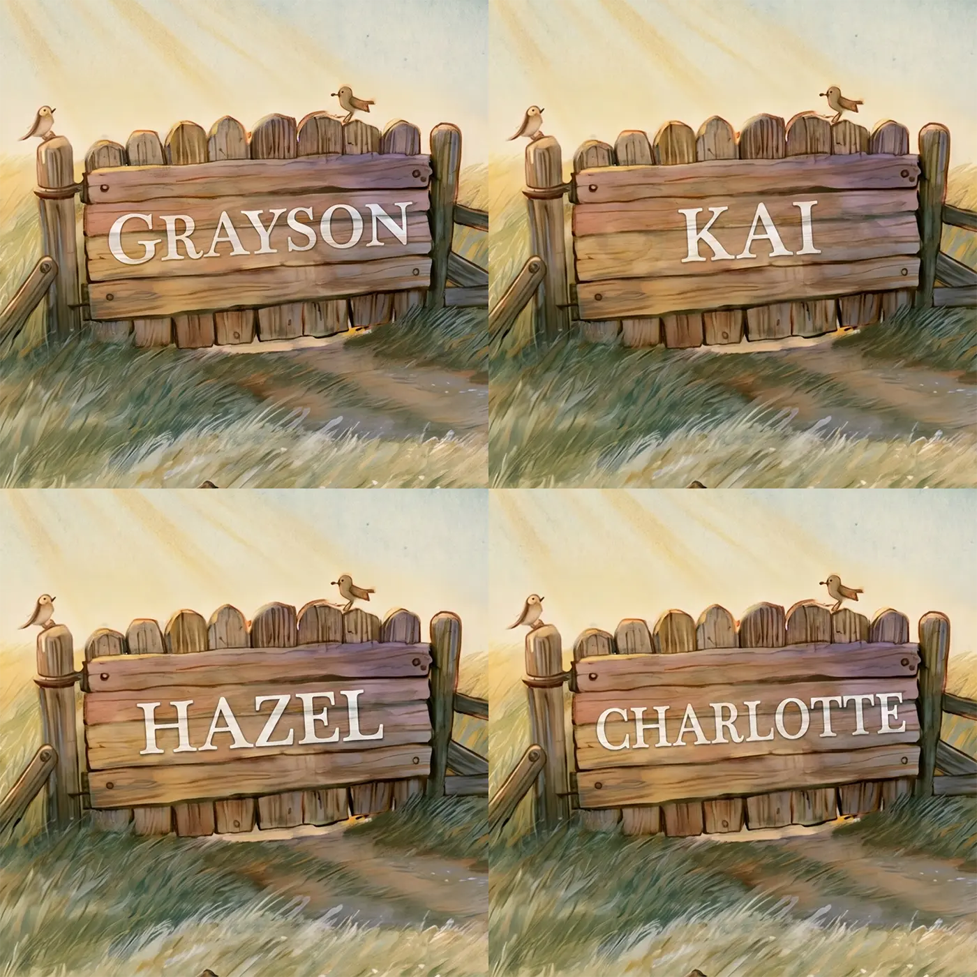 Four name preview examples of Smiling Sun Clouds Personalized Wall Mural by Whimsy Tots