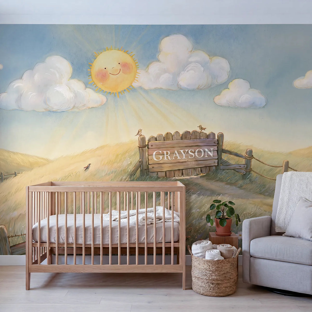 Smiling Sun Clouds Personalized Wall Mural in playroom setting by Whimsy Tots
