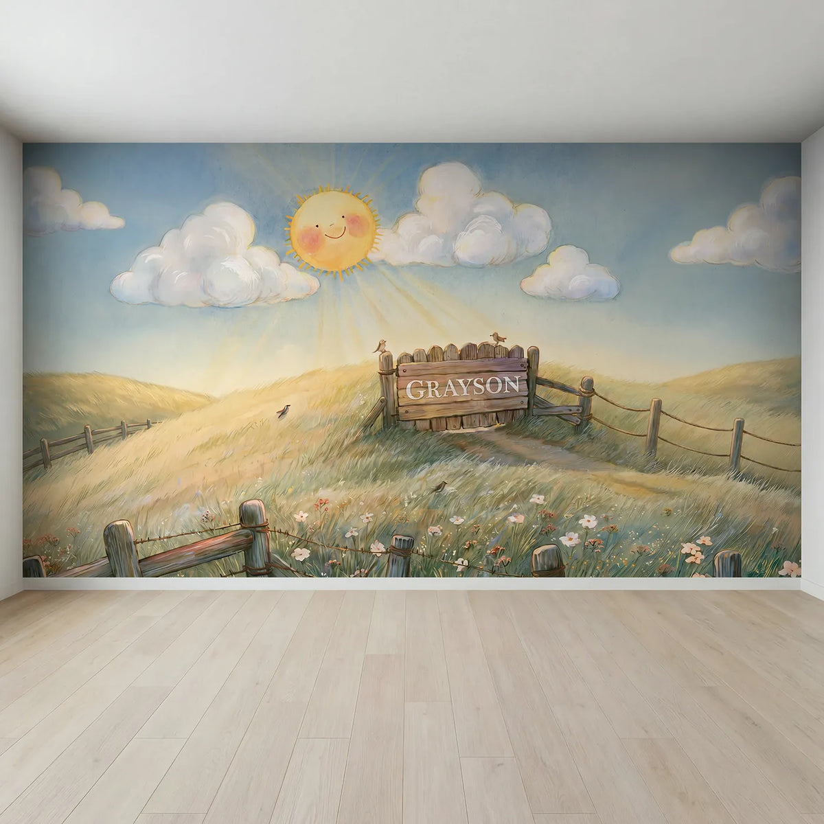 Full view of Smiling Sun Clouds Personalized Wall Mural by Whimsy Tots