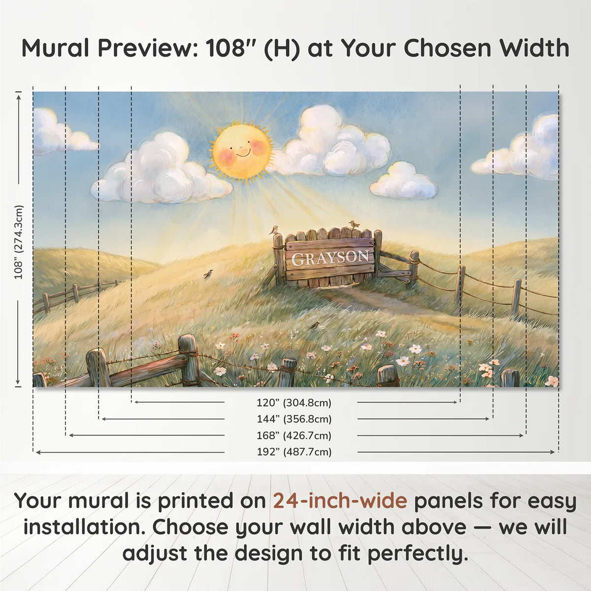 Panel layout and dimensions for Smiling Sun Clouds Personalized Wall Mural by Whimsy Tots