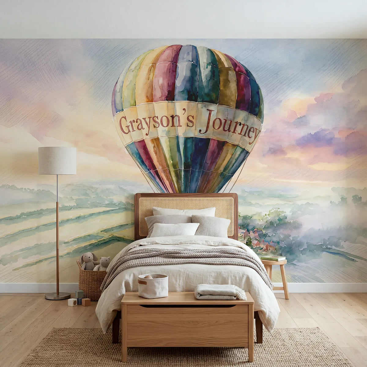 Watercolor balloon over countryside personalized wall mural with name for a bedroom by Whimsy Tots