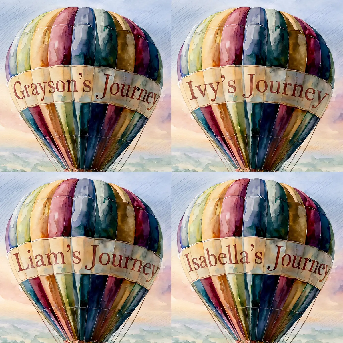 Four name preview examples of Balloon Patchwork Countryside Personalized Wall Mural by Whimsy Tots