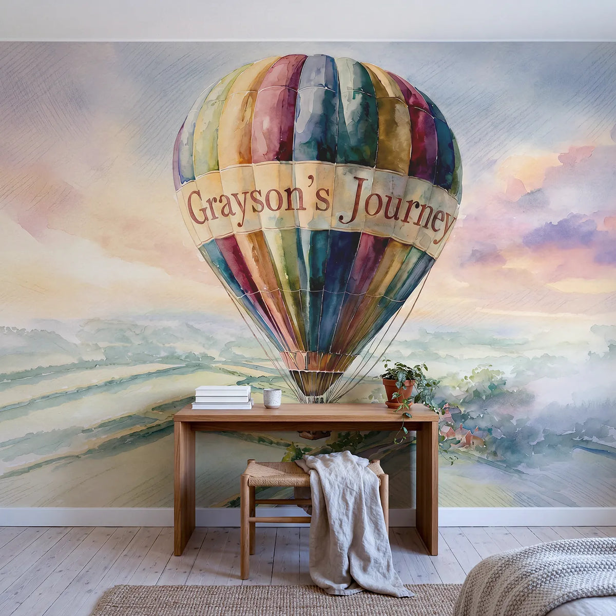 Balloon Patchwork Countryside Personalized Wall Mural in playroom setting by Whimsy Tots