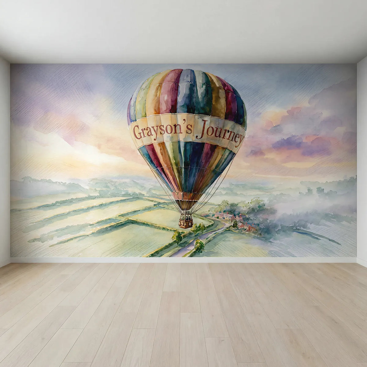 Full view of Balloon Patchwork Countryside Personalized Wall Mural by Whimsy Tots