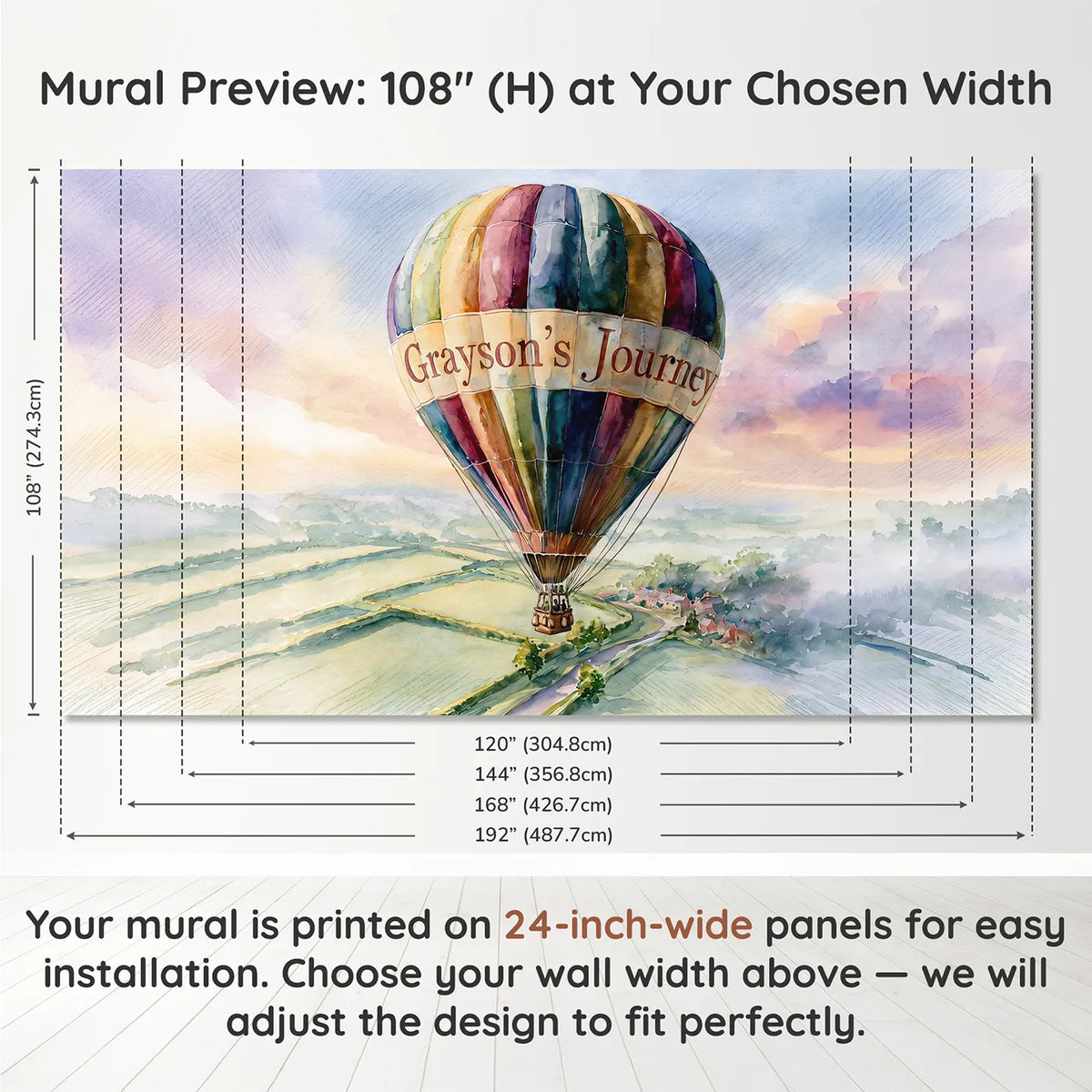 Panel layout and dimensions for Balloon Patchwork Countryside Personalized Wall Mural by Whimsy Tots