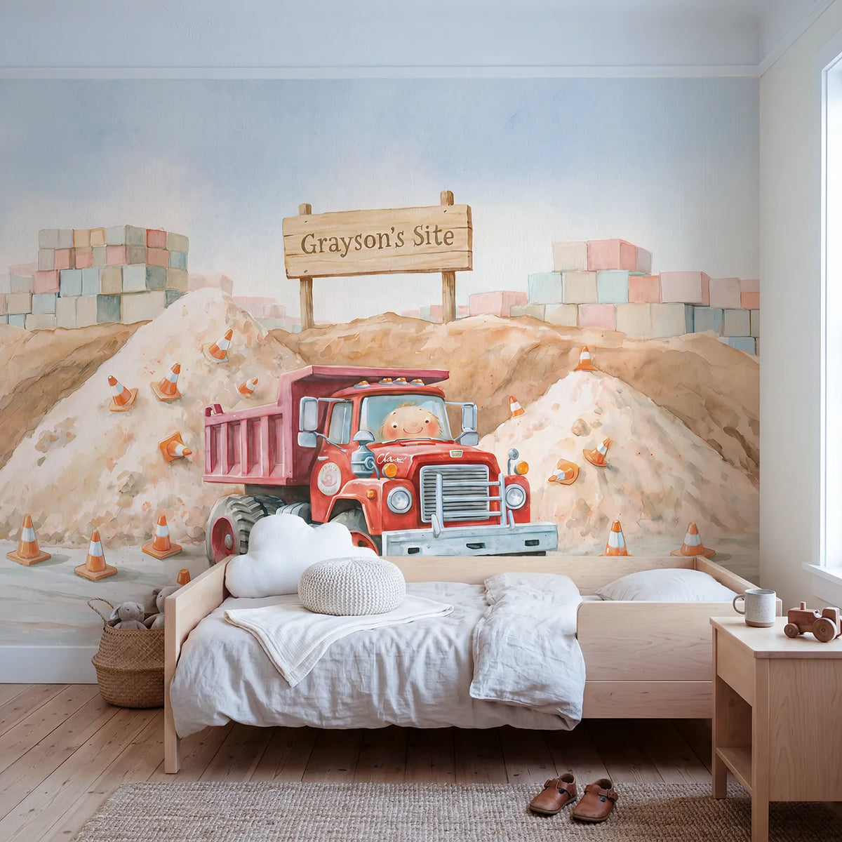 Storybook dump truck personalized wall mural with name signboard for a toddler room by Whimsy Tots