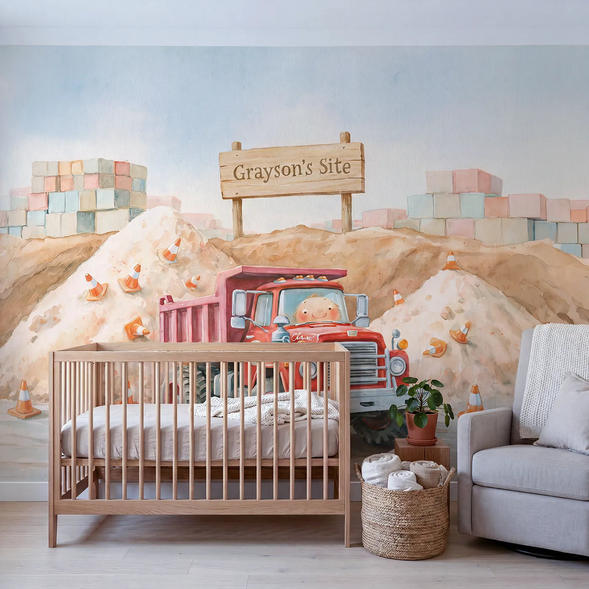 Friendly Dump Truck Personalized Wall Mural in playroom setting by Whimsy Tots