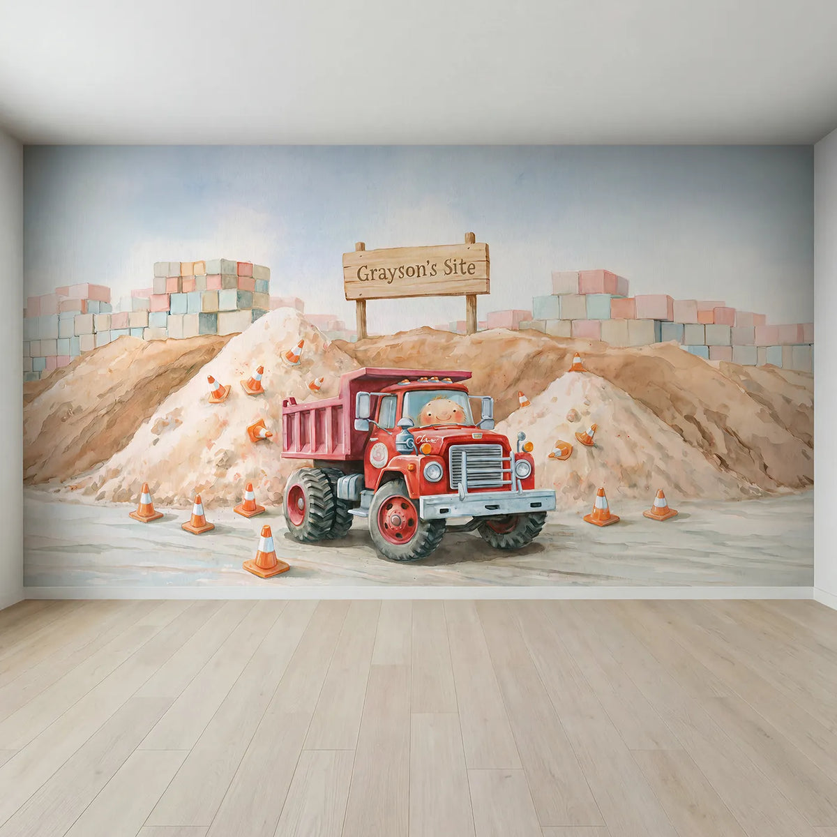 Full view of Friendly Dump Truck Personalized Wall Mural by Whimsy Tots