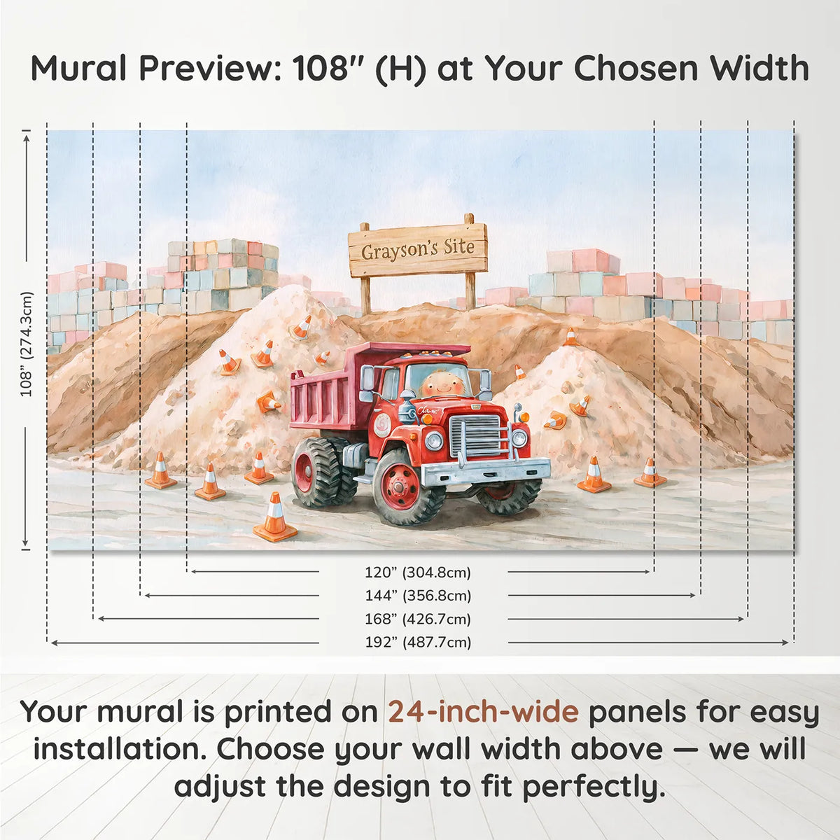 Panel layout and dimensions for Friendly Dump Truck Personalized Wall Mural by Whimsy Tots