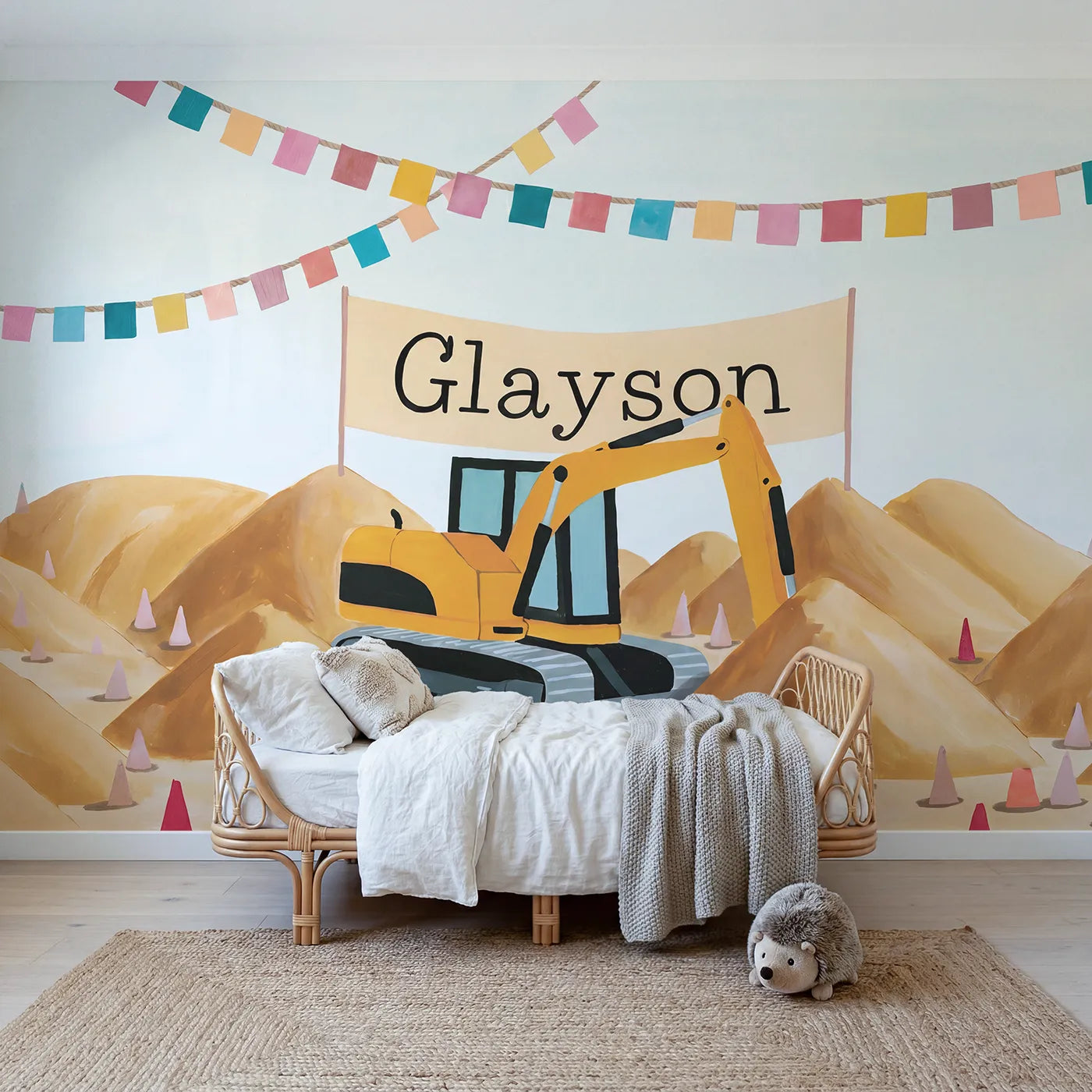 Modern Illustration digger personalized wall mural with name banner for a playroom by Whimsy Tots