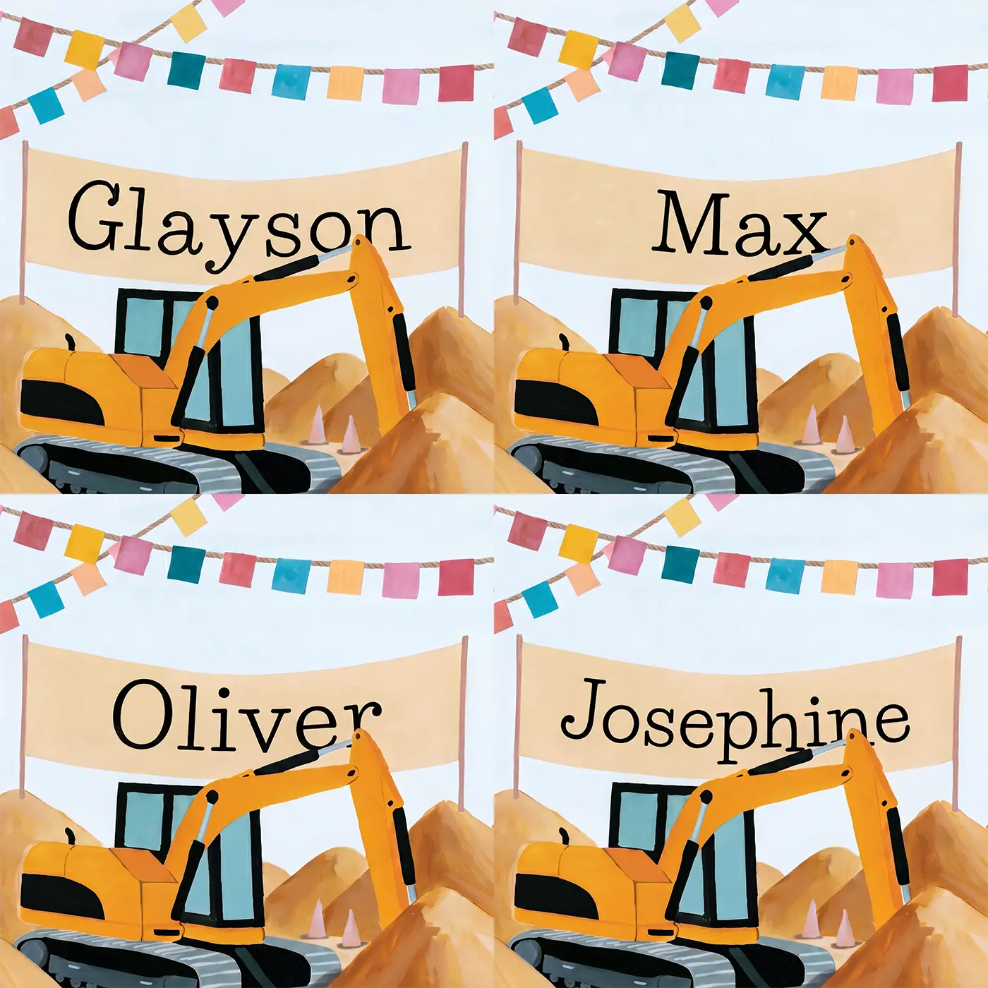 Four name preview examples of Yellow Digger Worksite Personalized Wall Mural by Whimsy Tots
