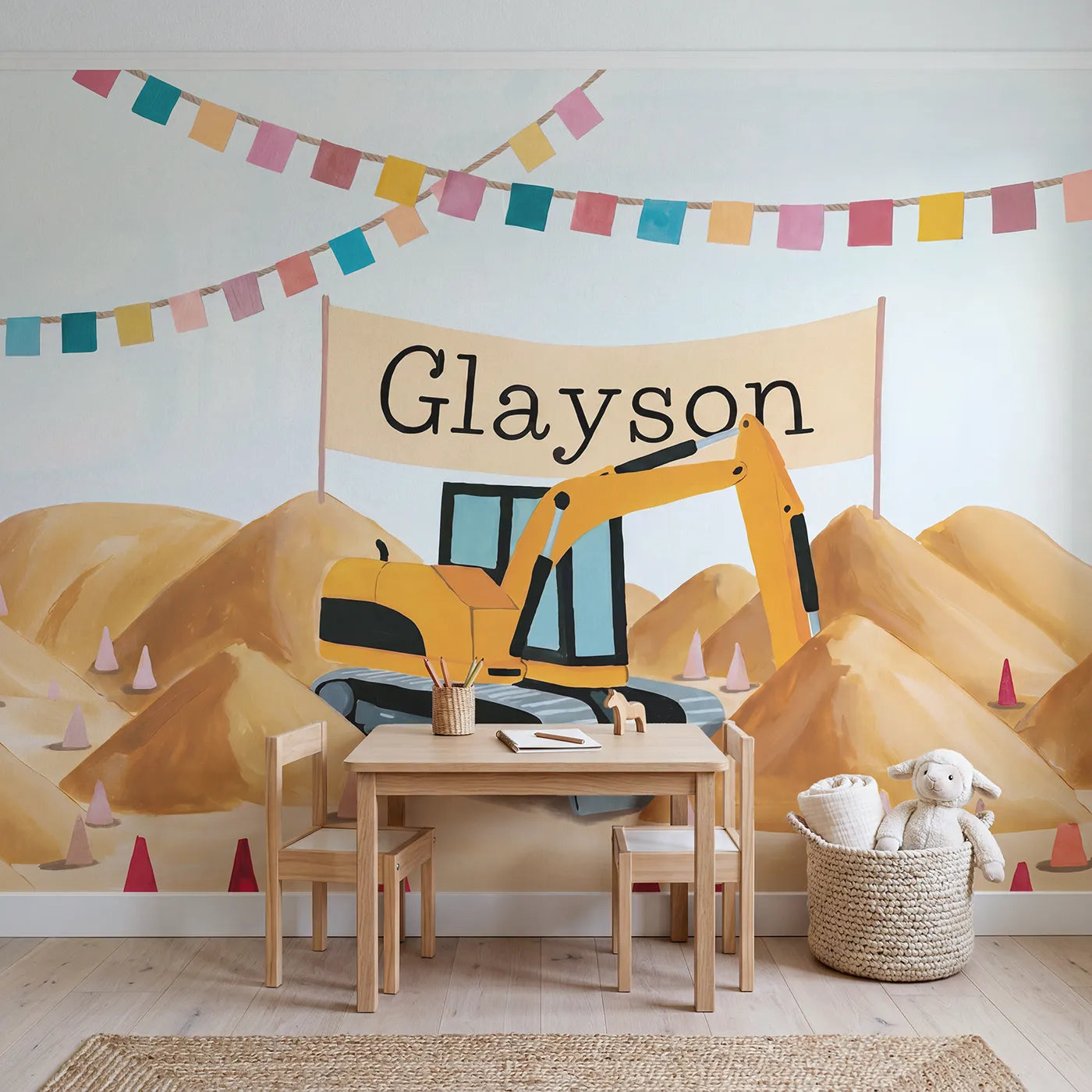 Yellow Digger Worksite Personalized Wall Mural in playroom setting by Whimsy Tots