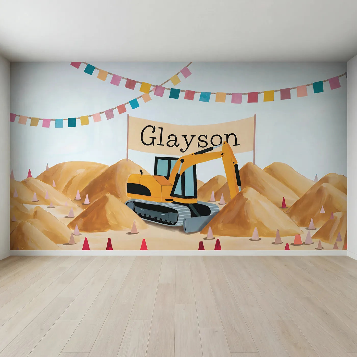 Full view of Yellow Digger Worksite Personalized Wall Mural by Whimsy Tots