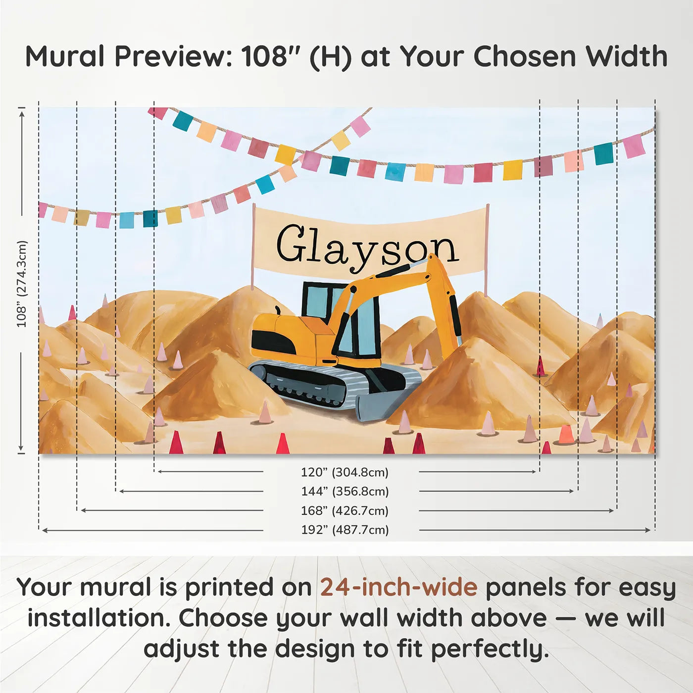 Panel layout and dimensions for Yellow Digger Worksite Personalized Wall Mural by Whimsy Tots