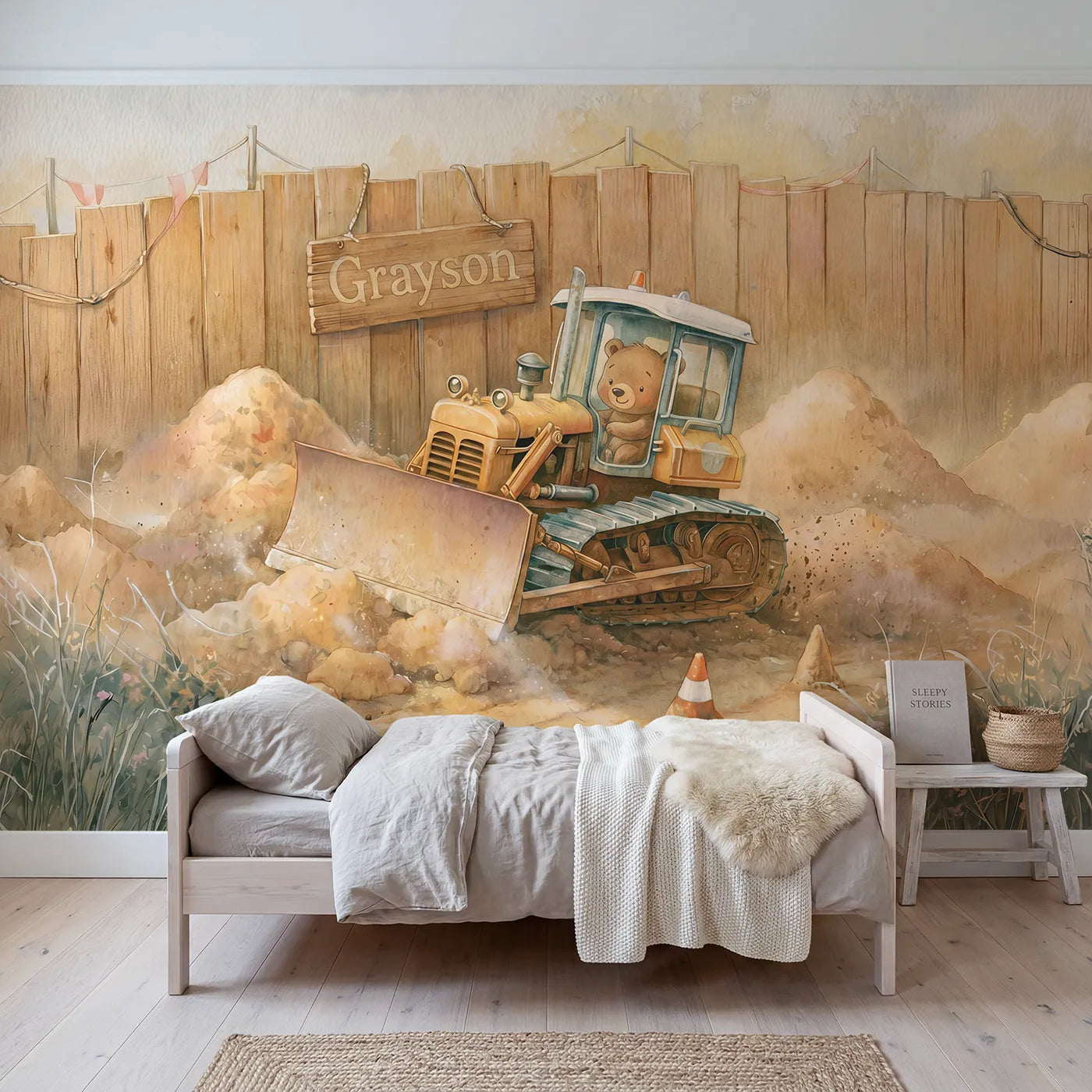 Storybook bulldozer personalized wall mural with name on fence sign for a kids room by Whimsy Tots