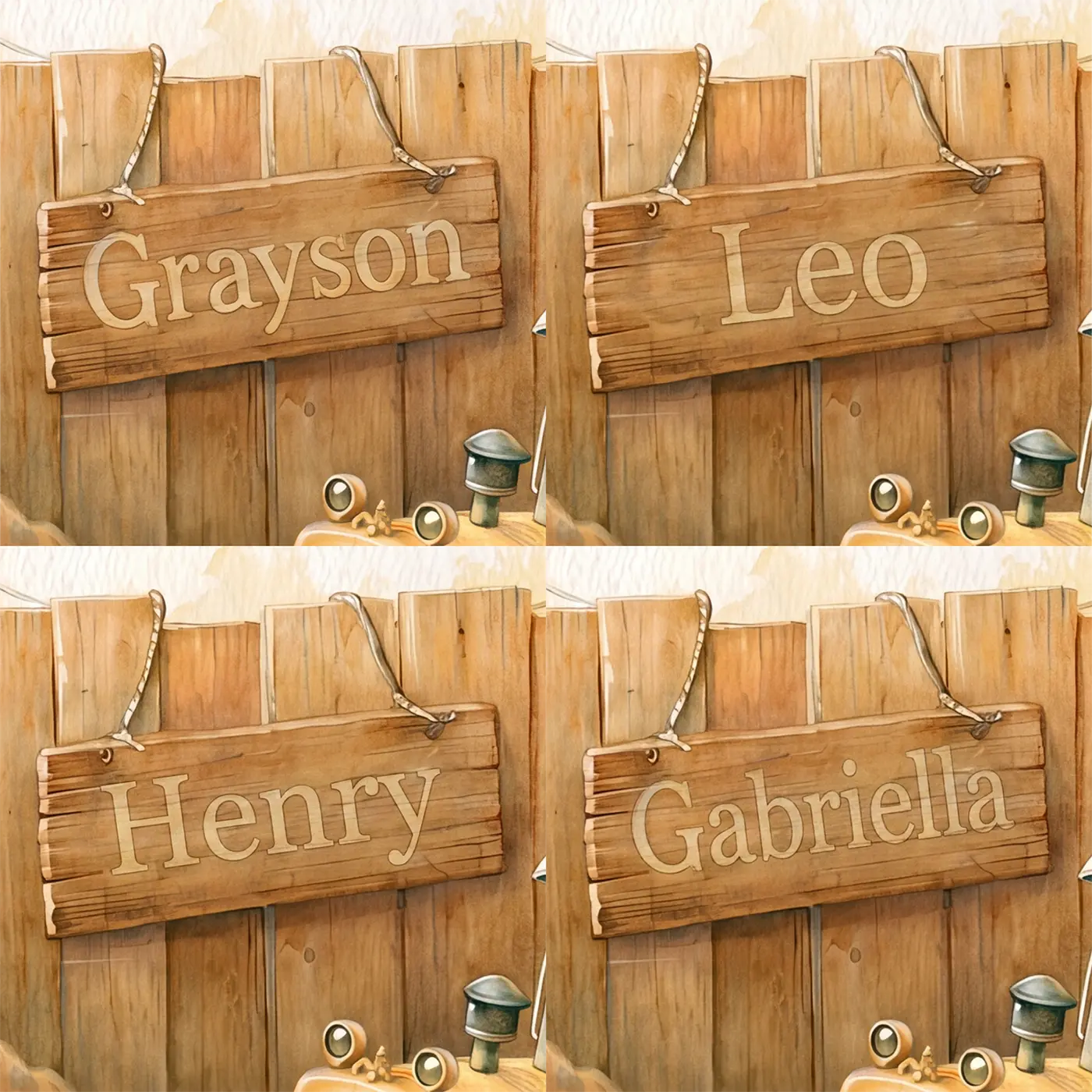 Four name preview examples of Cheerful Bulldozer Site Personalized Wall Mural by Whimsy Tots