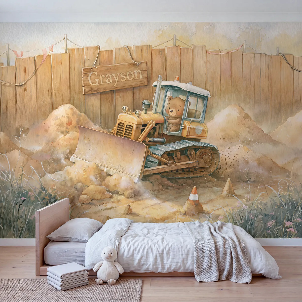 Cheerful Bulldozer Site Personalized Wall Mural in playroom setting by Whimsy Tots