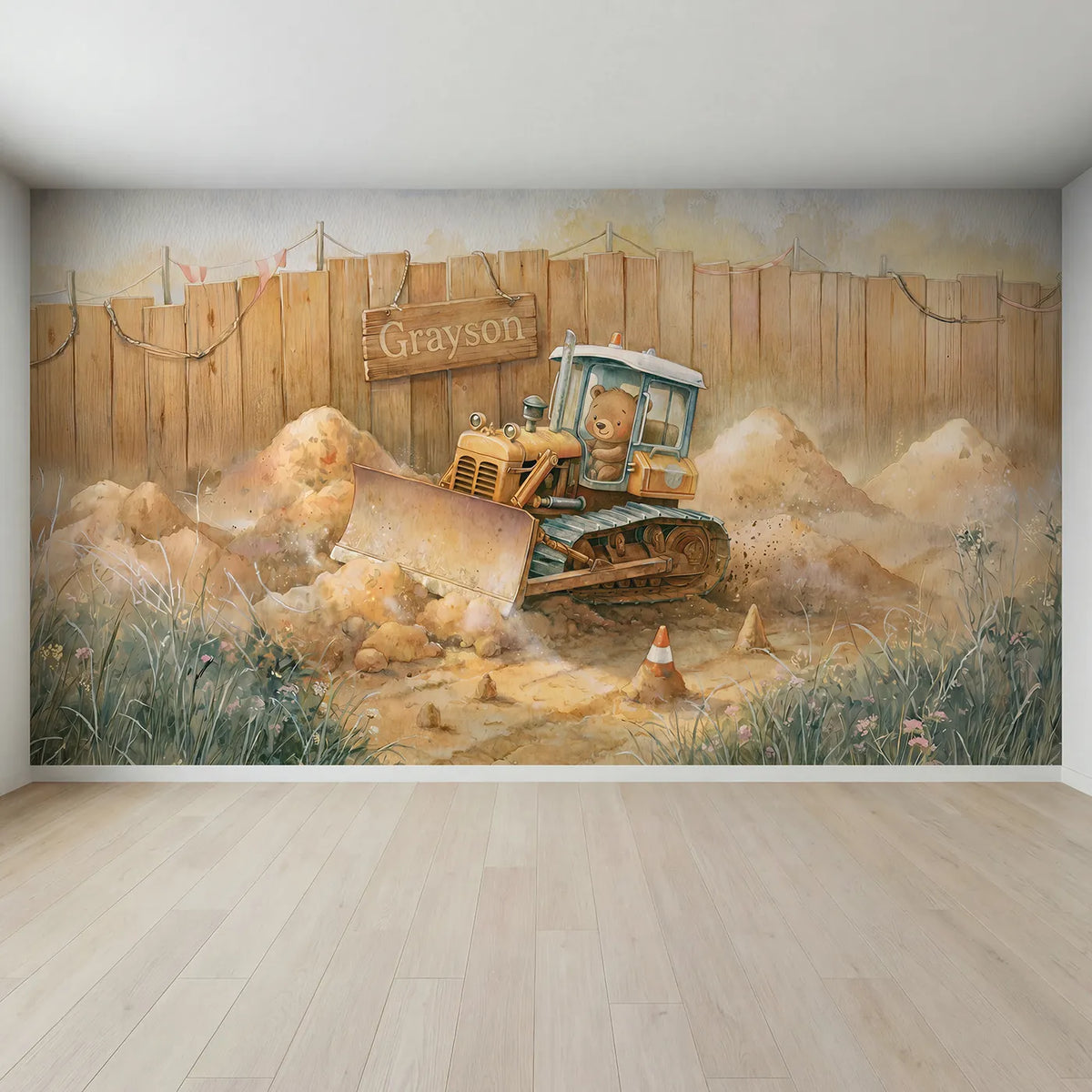 Full view of Cheerful Bulldozer Site Personalized Wall Mural by Whimsy Tots
