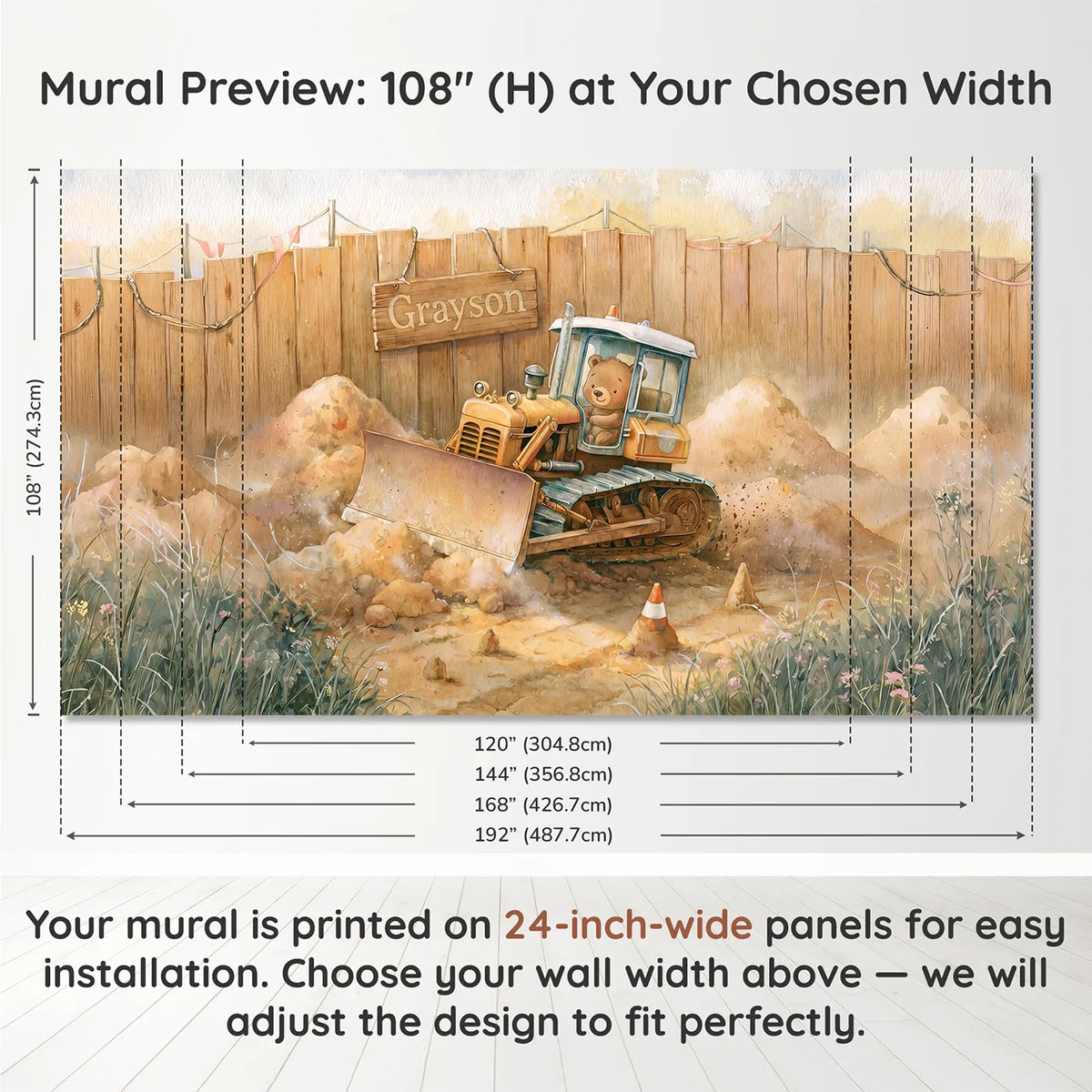 Panel layout and dimensions for Cheerful Bulldozer Site Personalized Wall Mural by Whimsy Tots
