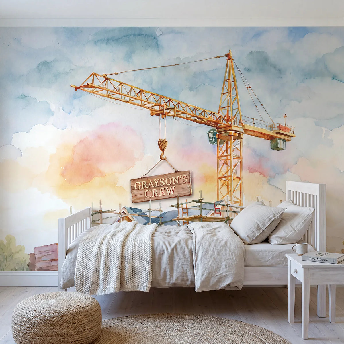 Watercolor tower crane personalized wall mural with hanging name sign for a bedroom by Whimsy Tots