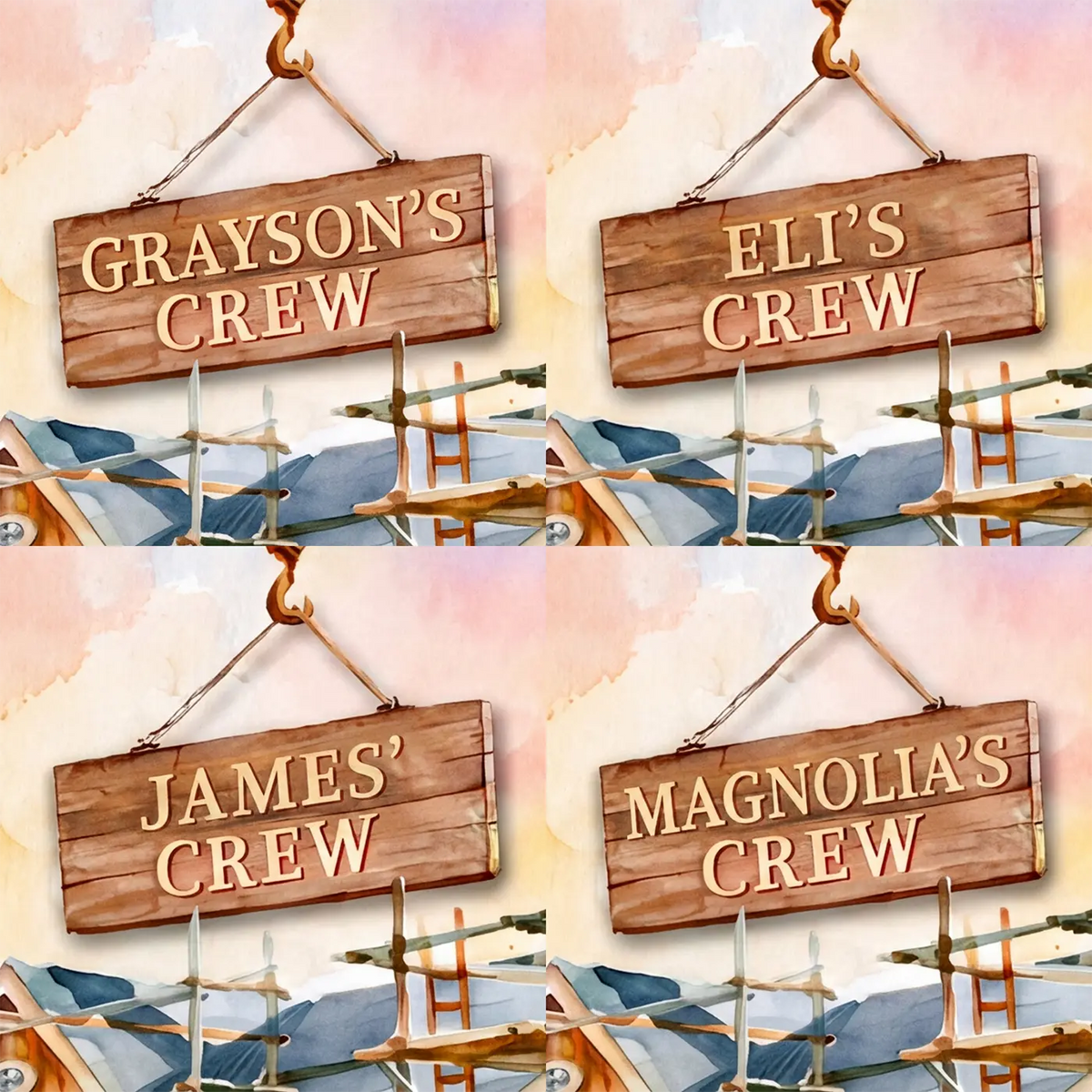 Four name preview examples of Tall Tower Crane Personalized Wall Mural by Whimsy Tots
