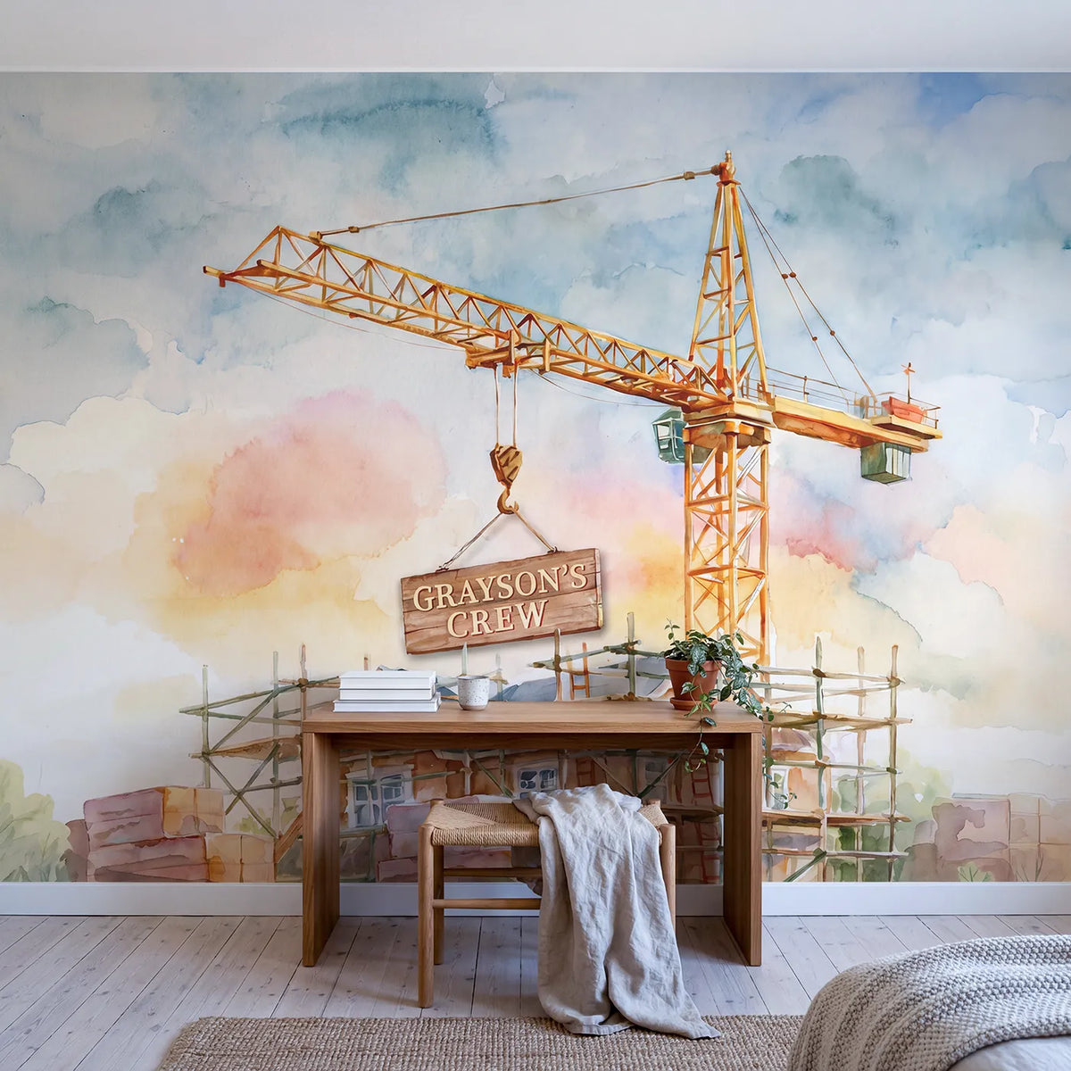 Tall Tower Crane Personalized Wall Mural in playroom setting by Whimsy Tots