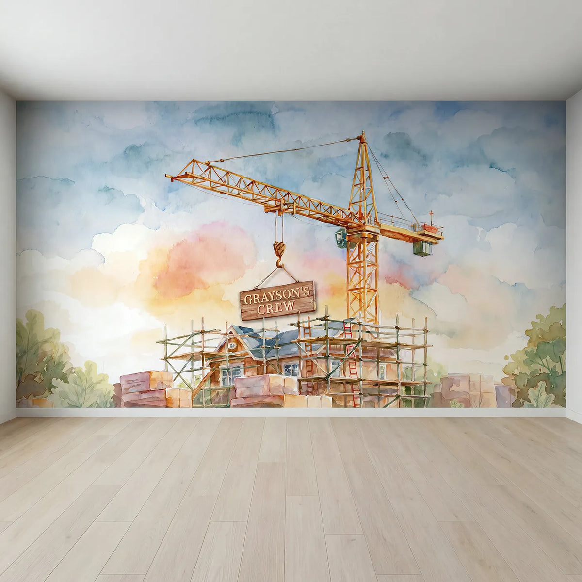 Full view of Tall Tower Crane Personalized Wall Mural by Whimsy Tots