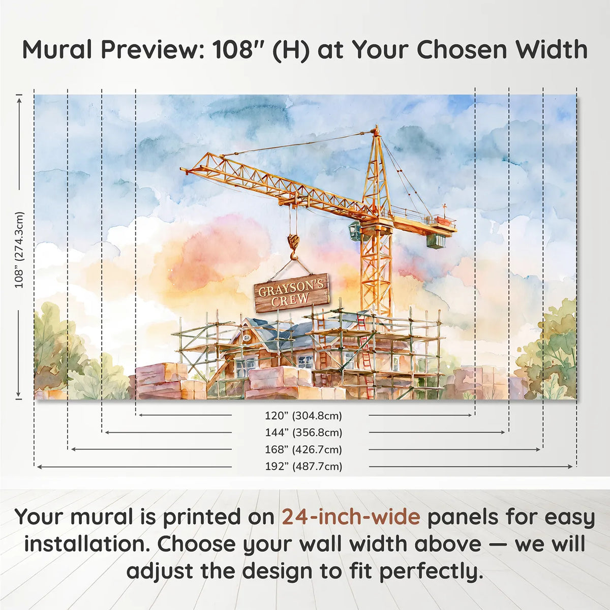 Panel layout and dimensions for Tall Tower Crane Personalized Wall Mural by Whimsy Tots