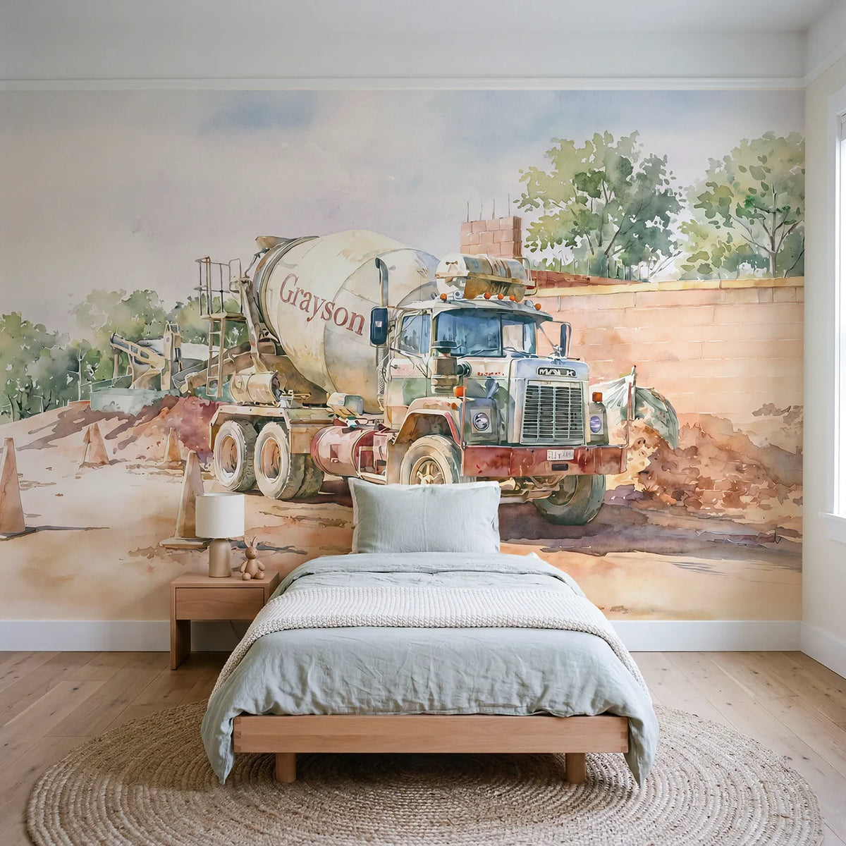 Watercolor cement mixer personalized wall mural with name on the drum for a playroom by Whimsy Tots