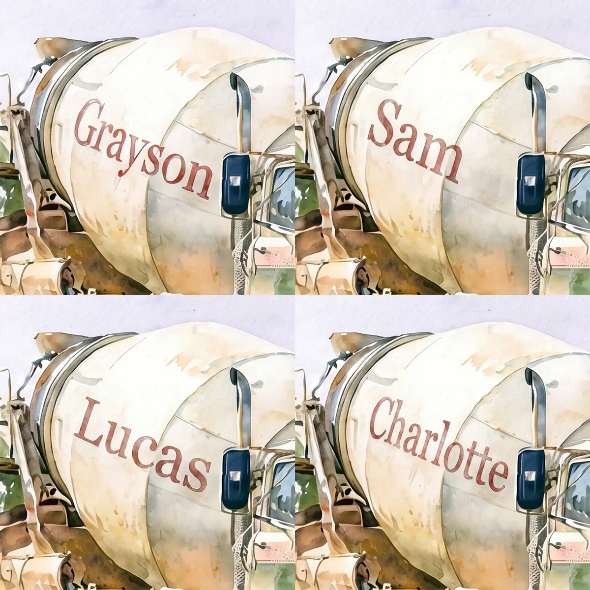 Four name preview examples of Cement Mixer Truck Personalized Wall Mural by Whimsy Tots