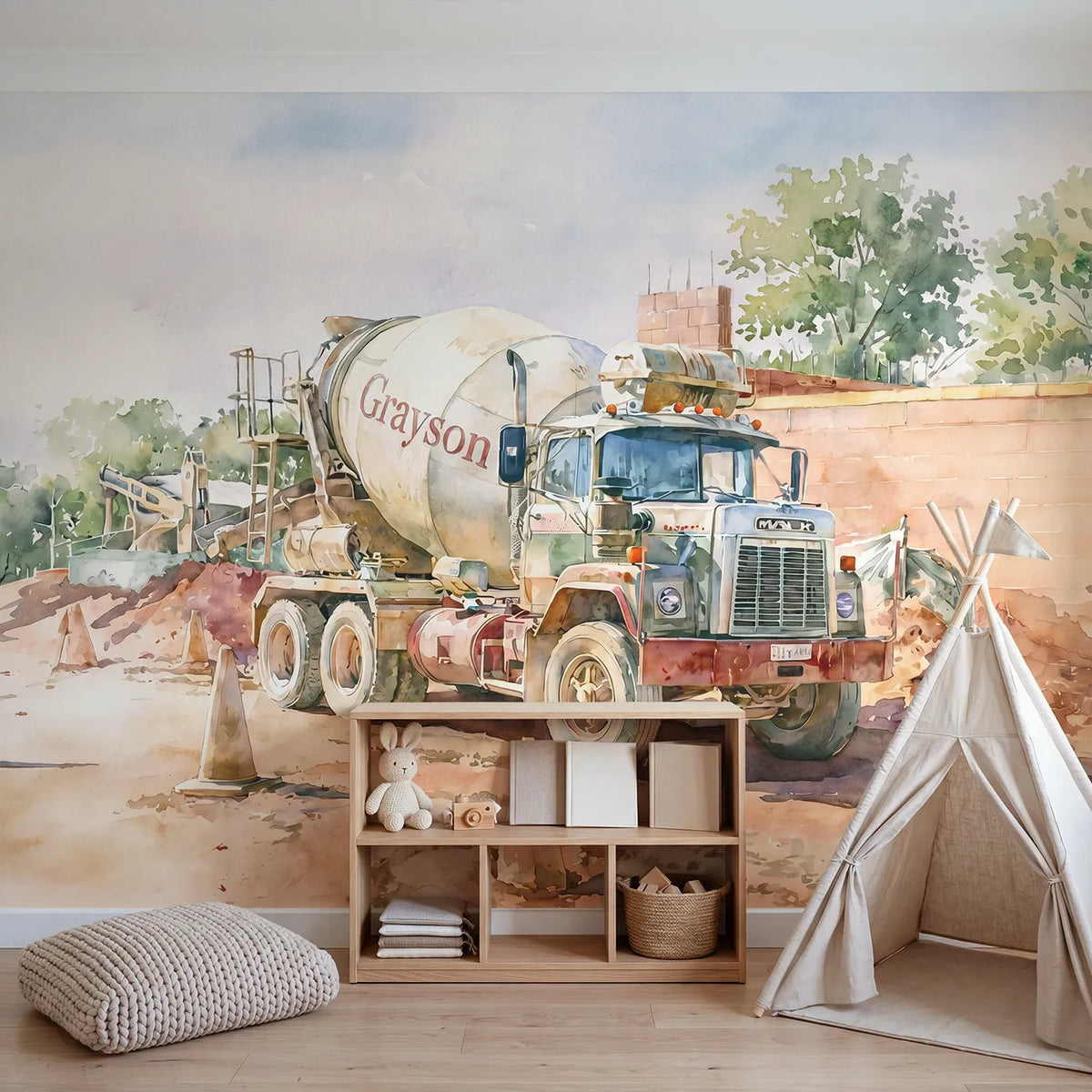 Cement Mixer Truck Personalized Wall Mural in playroom setting by Whimsy Tots