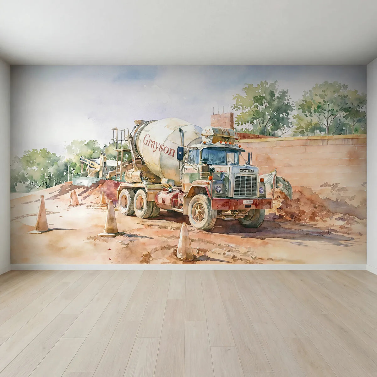 Full view of Cement Mixer Truck Personalized Wall Mural by Whimsy Tots