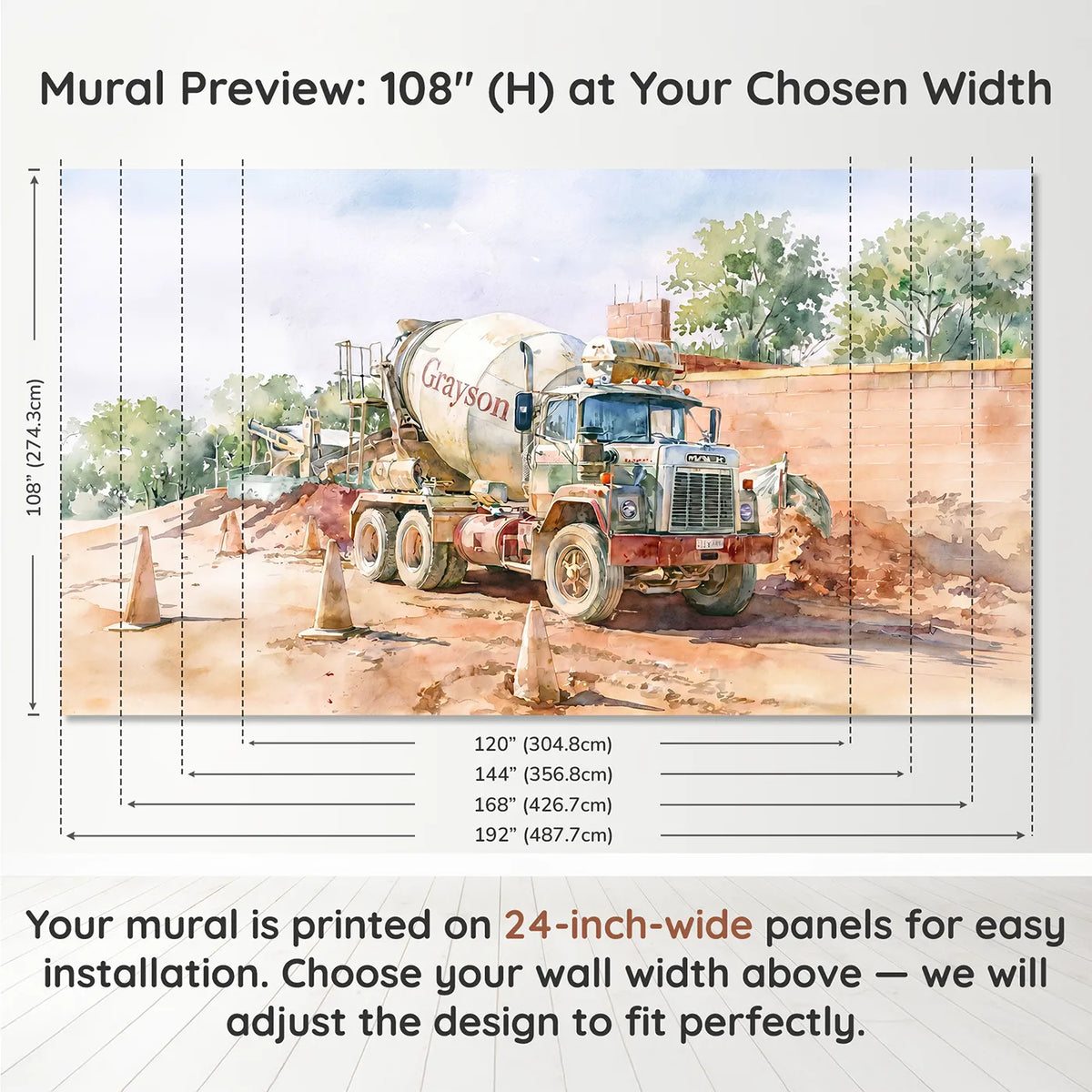 Panel layout and dimensions for Cement Mixer Truck Personalized Wall Mural by Whimsy Tots