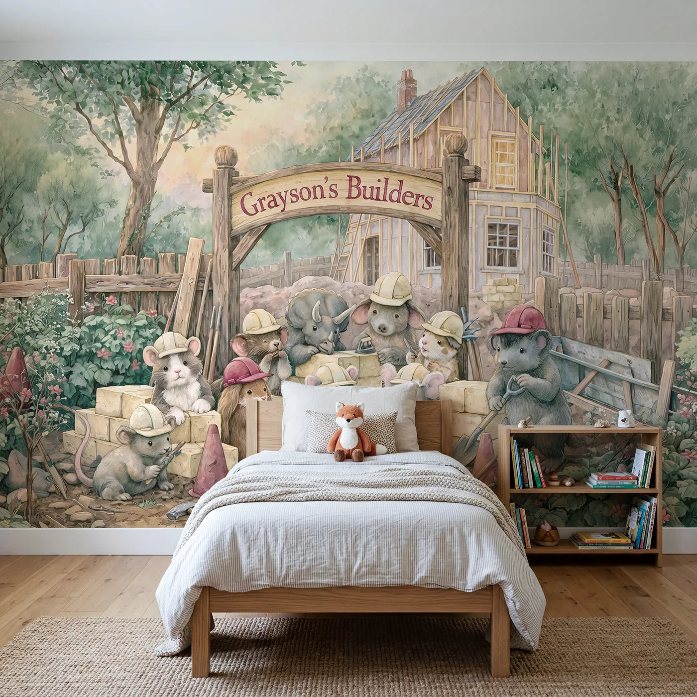 Storybook construction crew personalized wall mural with name archway for a kids room by Whimsy Tots