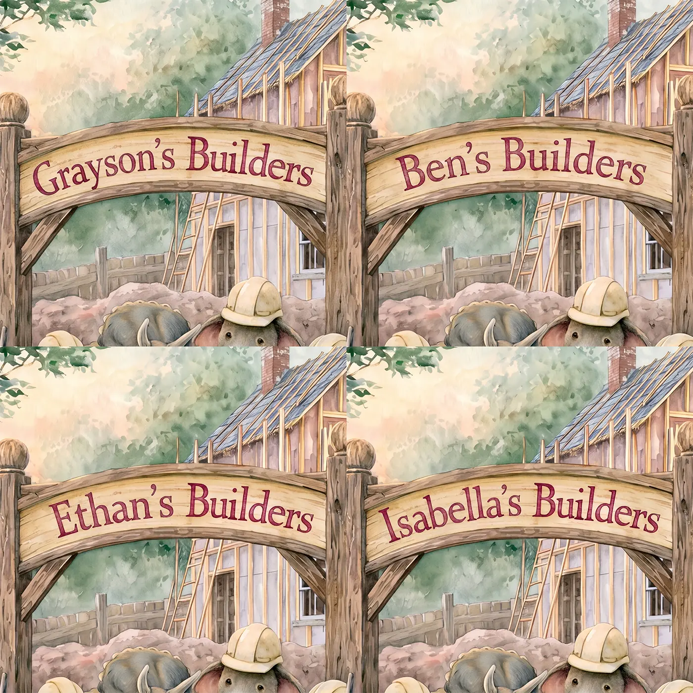 Four name preview examples of Happy Construction Crew Personalized Wall Mural by Whimsy Tots
