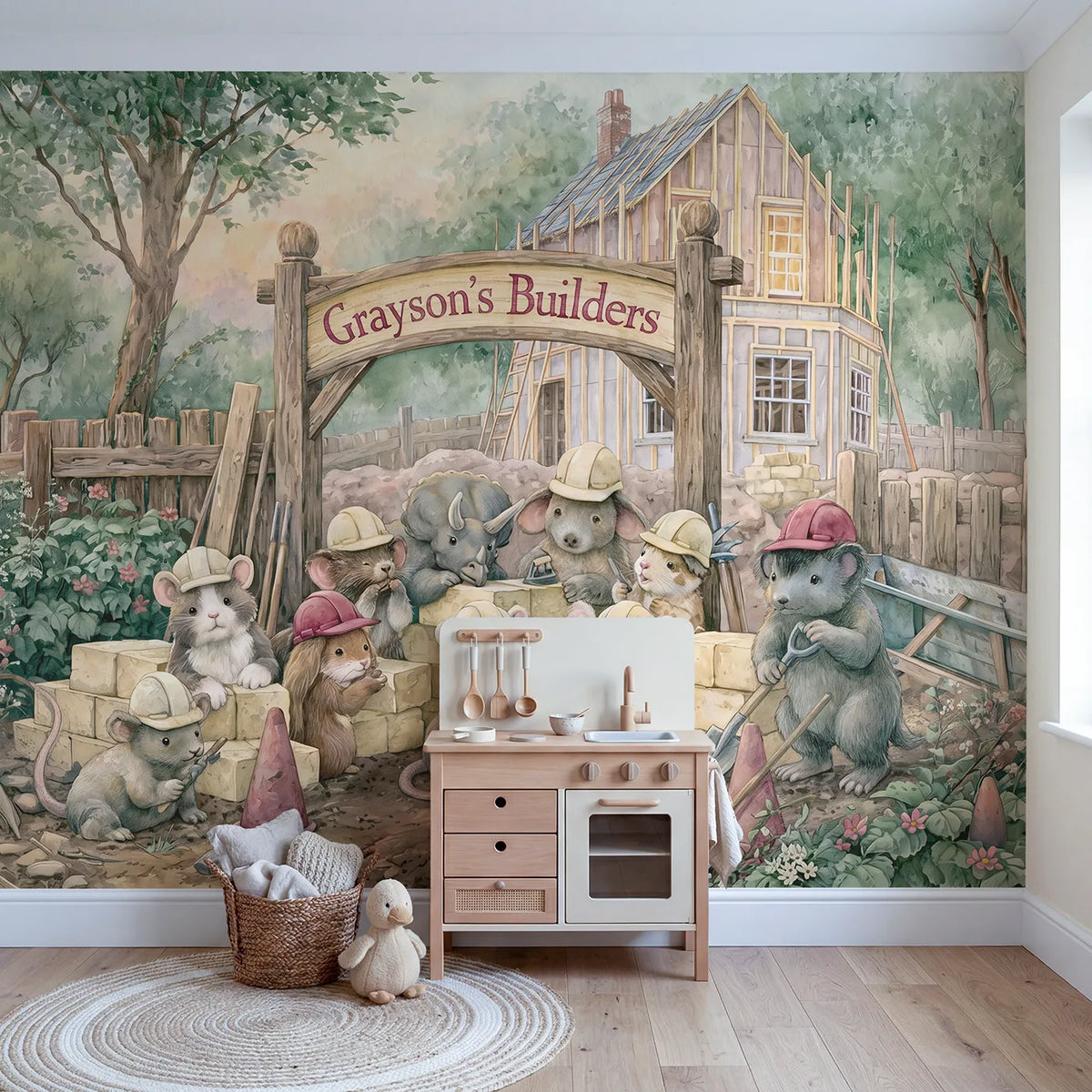 Happy Construction Crew Personalized Wall Mural in playroom setting by Whimsy Tots